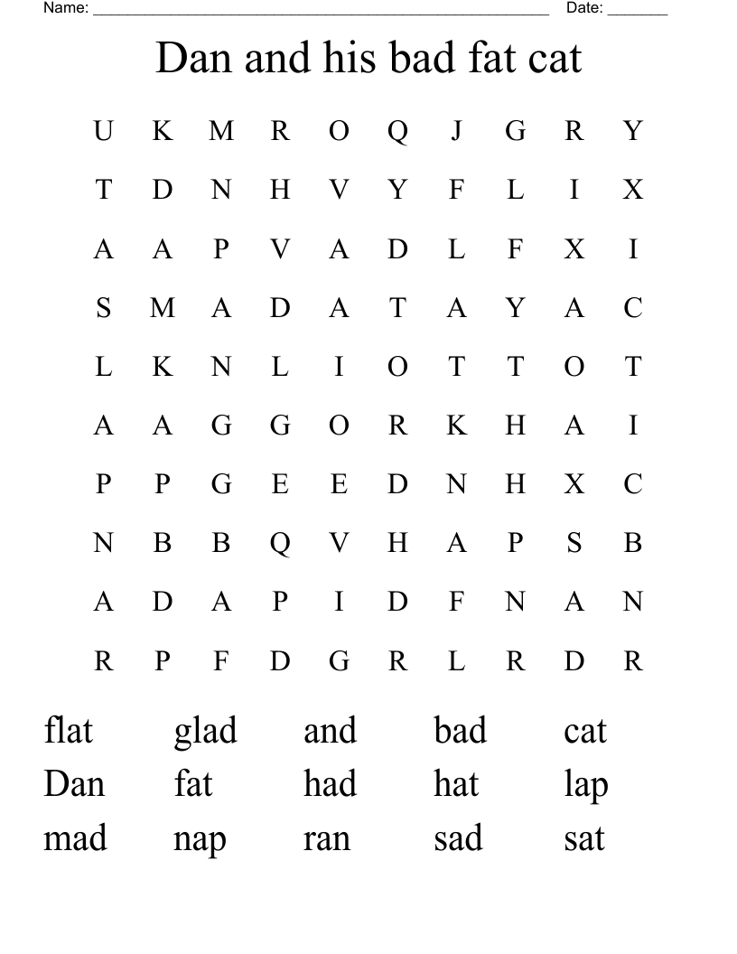 Dan and his bad fat cat Word Search