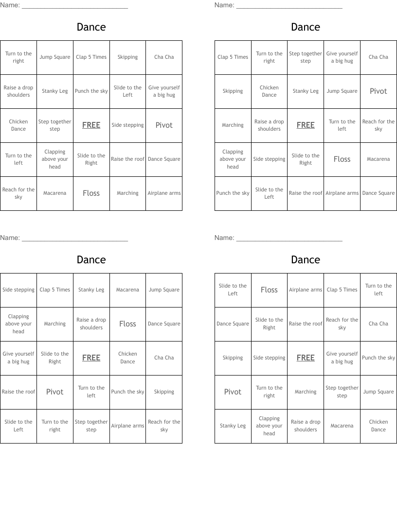 Dance Bingo Cards
