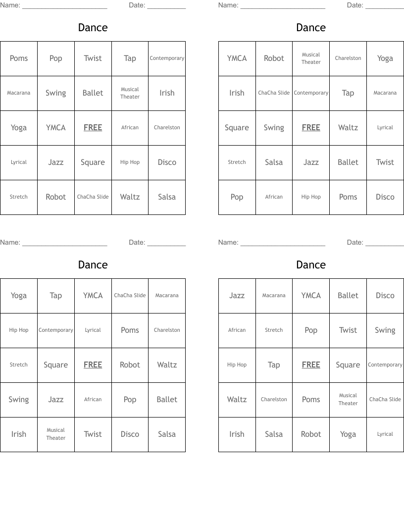Dance Bingo Cards