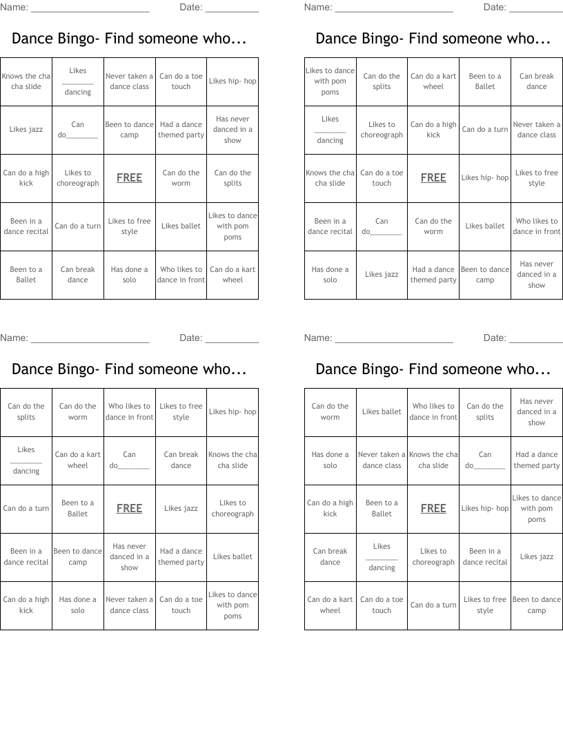 Dance Bingo- Find someone who...