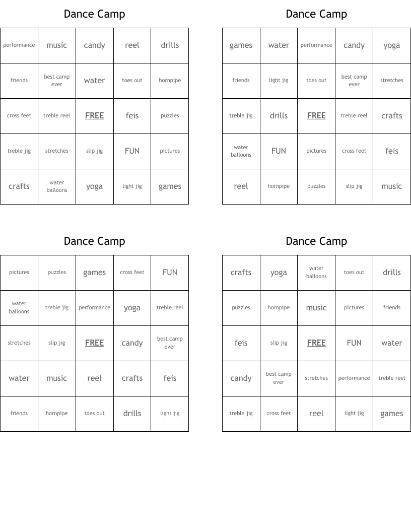 Dance Camp Bingo Cards