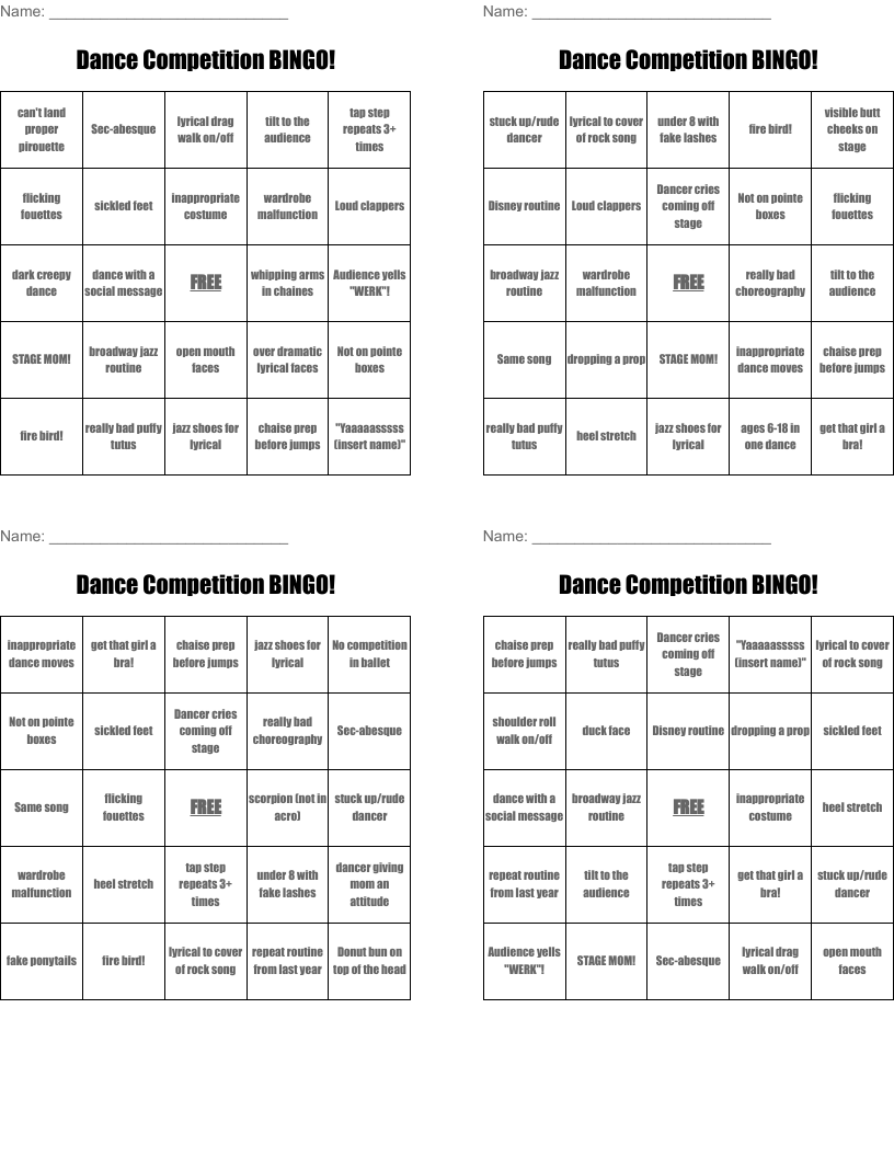 Dance Competition BINGO!