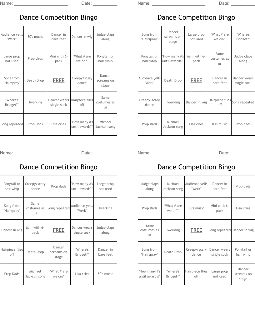 Dance Competition Bingo