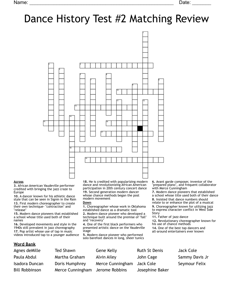 Dance History Test #2 Matching Review Crossword