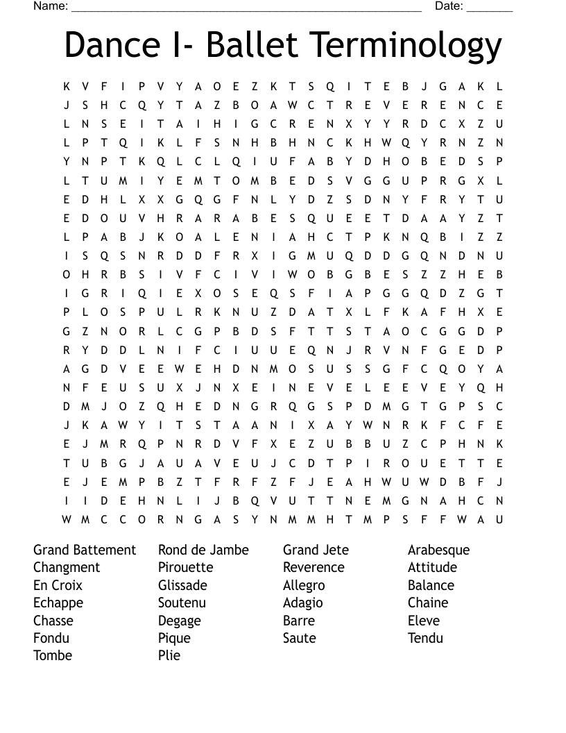Dance I- Ballet Terminology Word Search