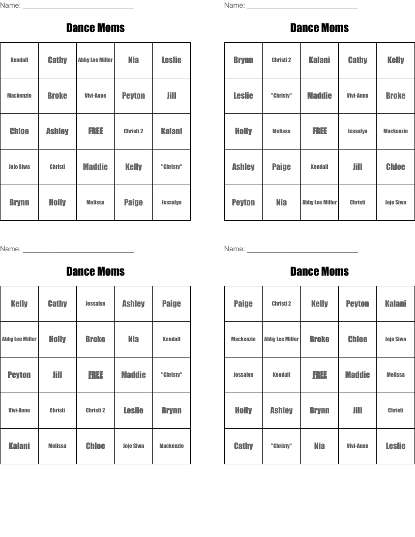 Dance Moms Bingo Cards