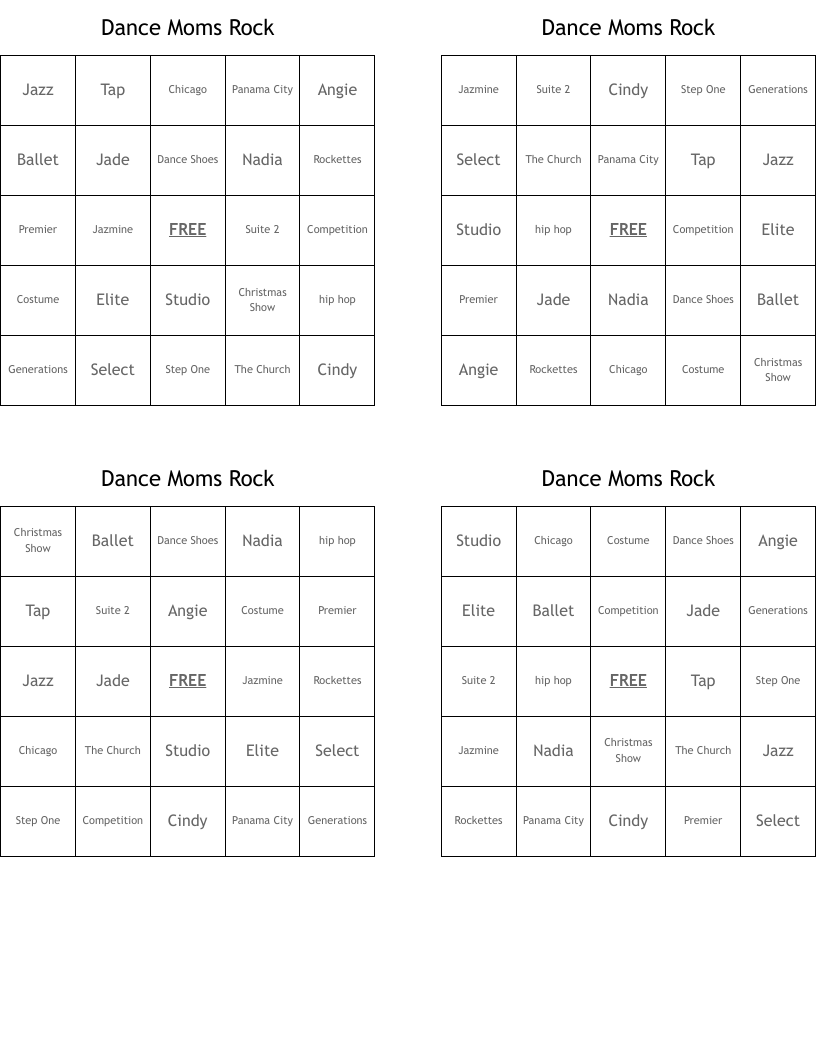 Dance Moms Rock Bingo Cards