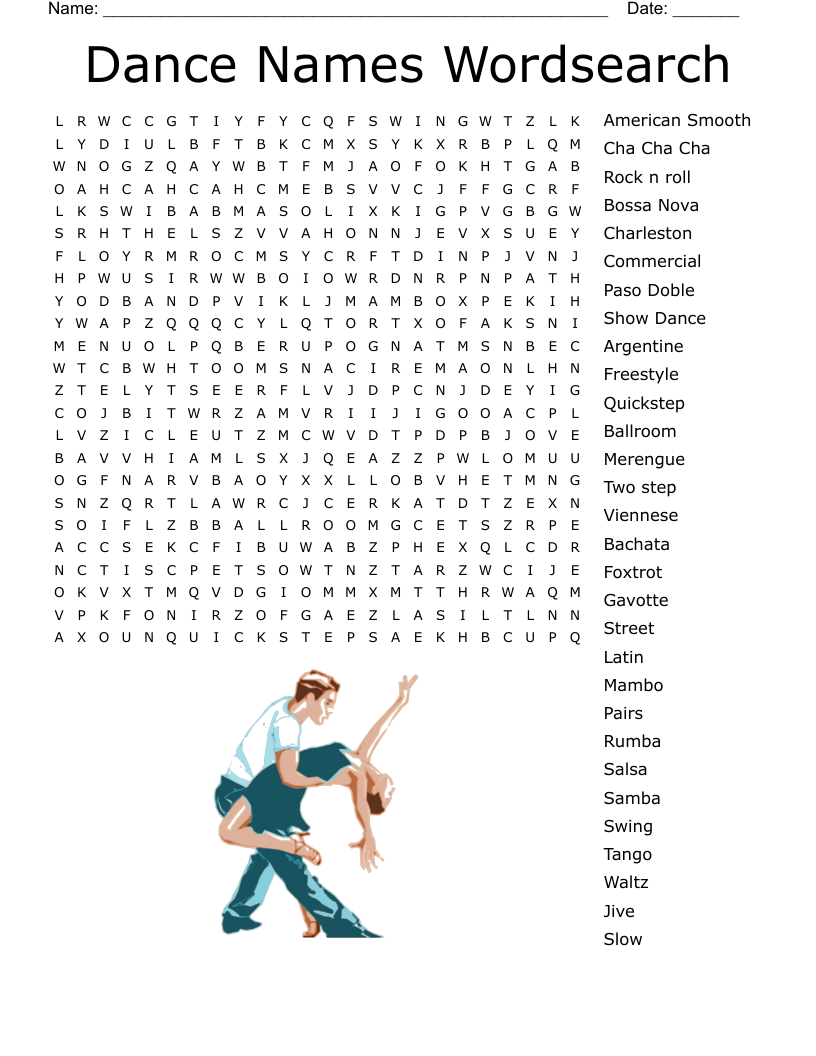 Dance Names Wordsearch