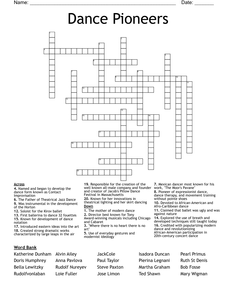 Dance Pioneers Crossword
