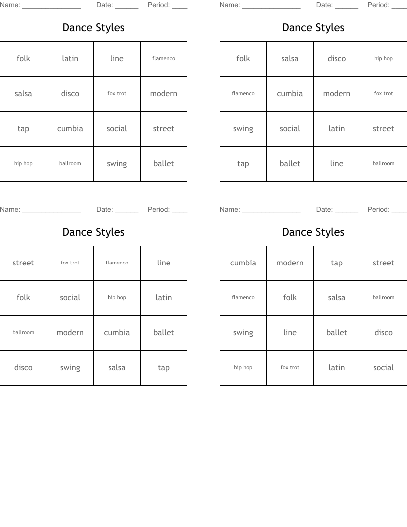 Dance Styles Bingo Cards