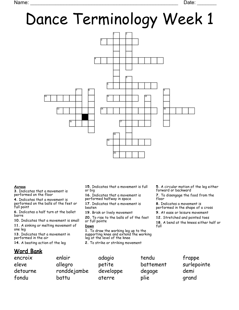 Dance Terminology Week 1 Crossword