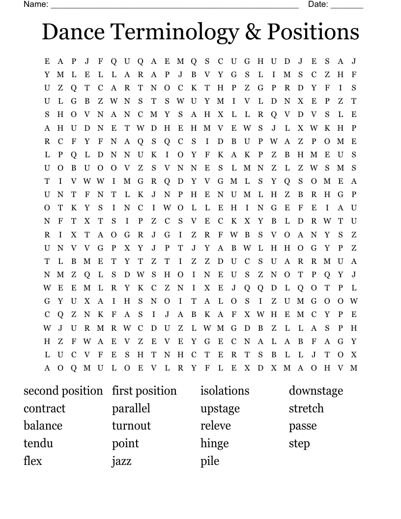 Dance Terminology & Positions Word Search