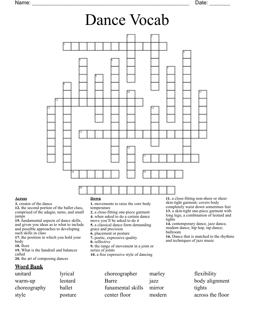 Dance Vocab Crossword