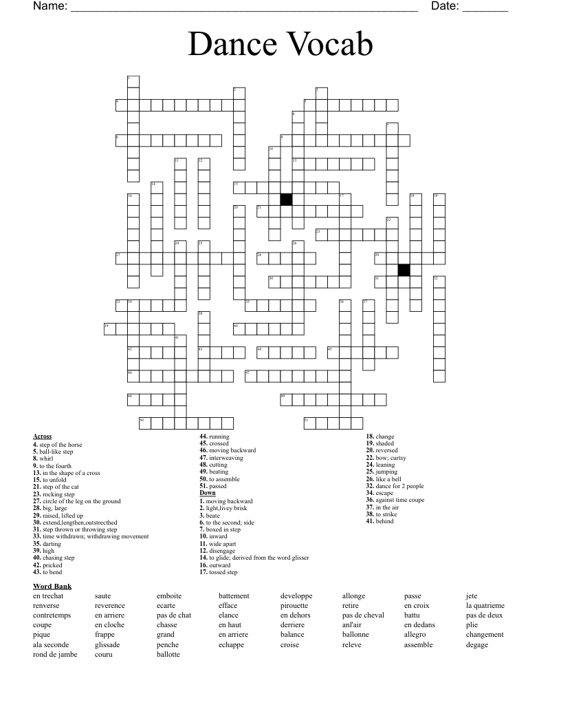 Dance Vocab Crossword