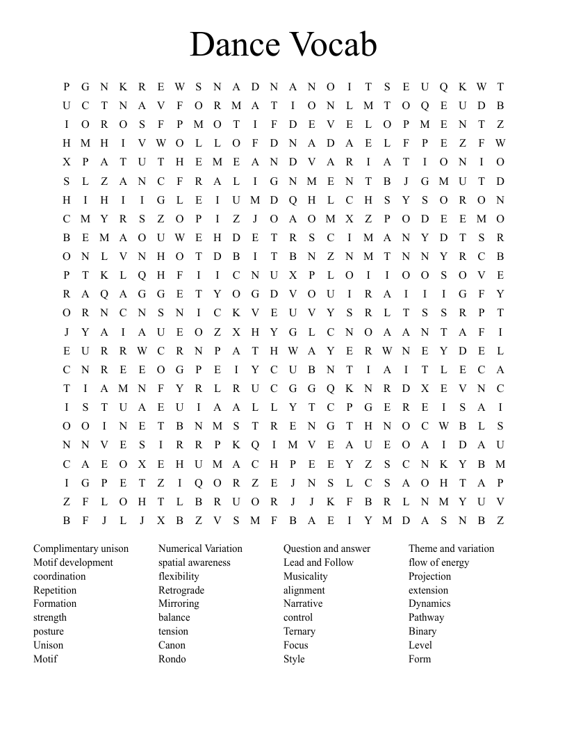 Dance Vocab Word Search