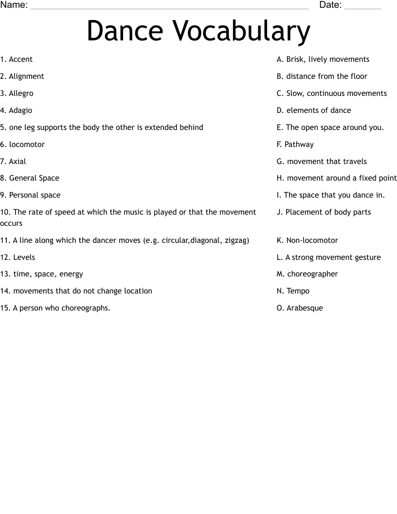 Dance Vocabulary Worksheet
