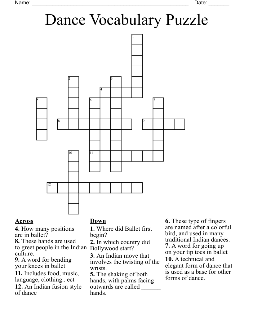 Dance Vocabulary Puzzle Crossword