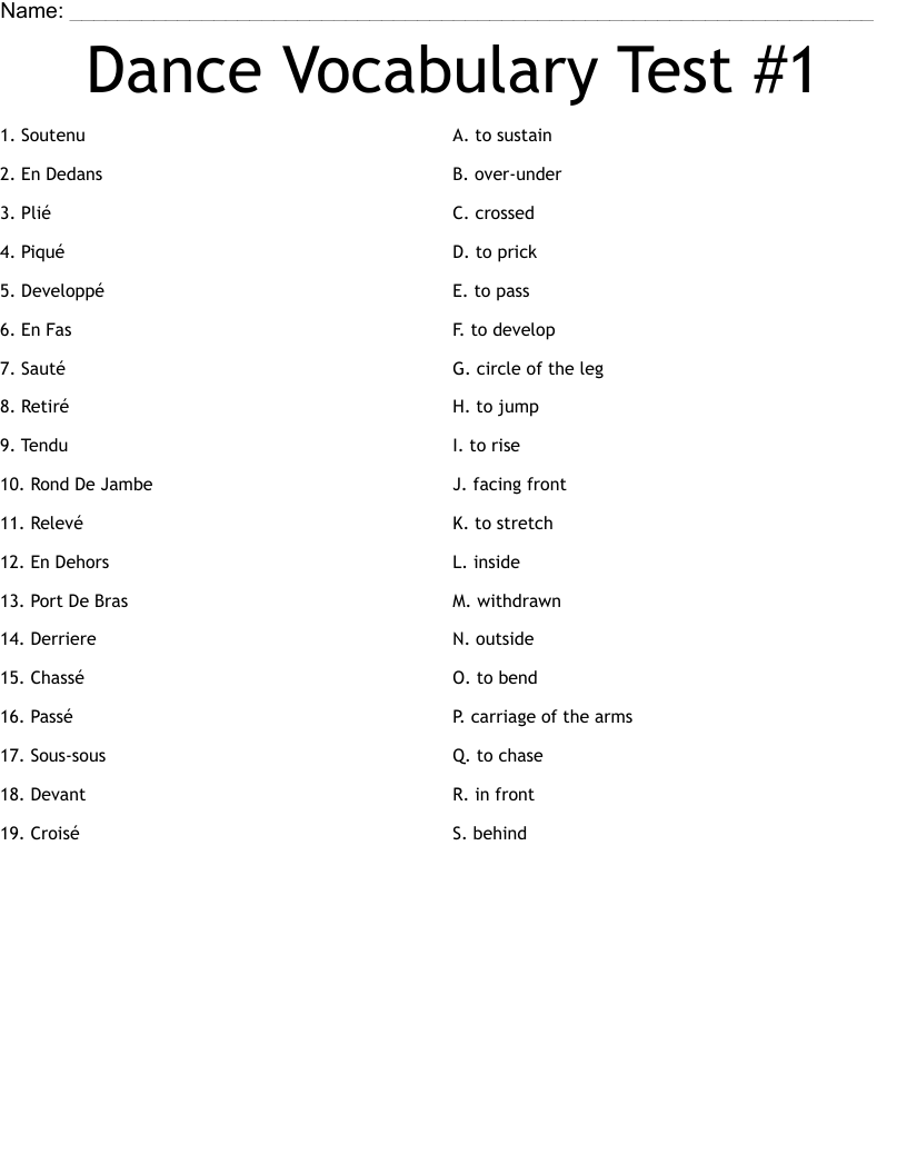 Dance Vocabulary Test #1 Worksheet
