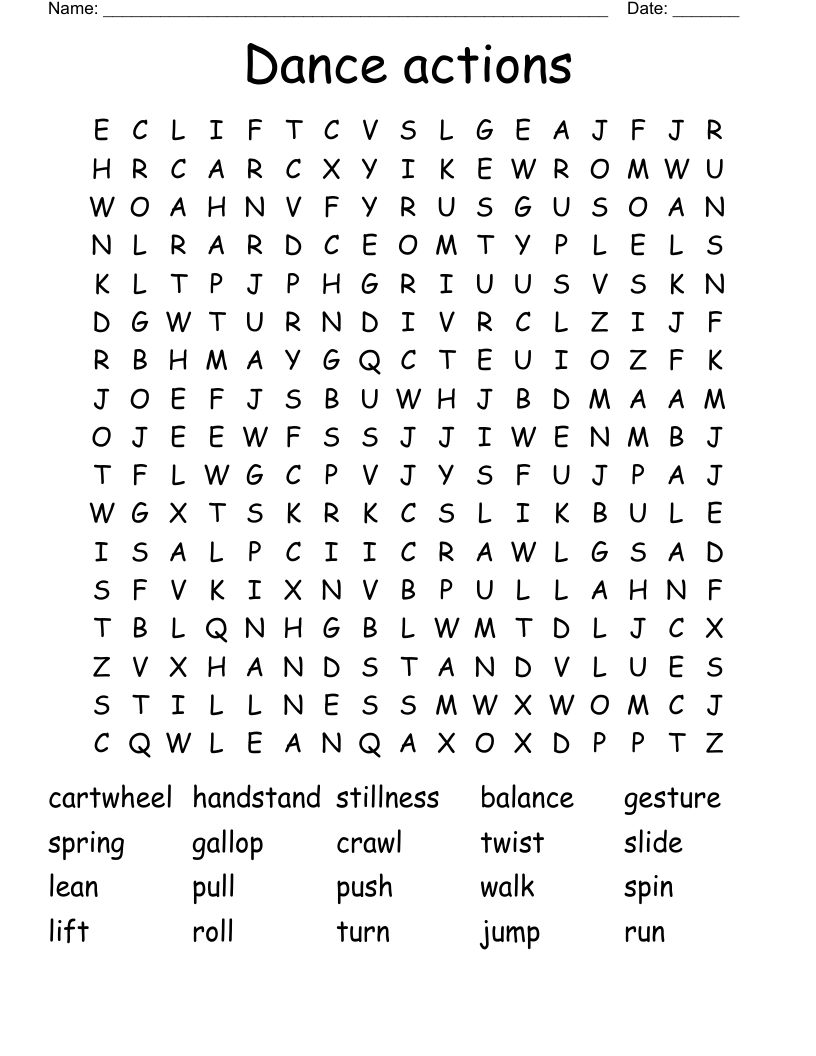 Dance actions Word Search