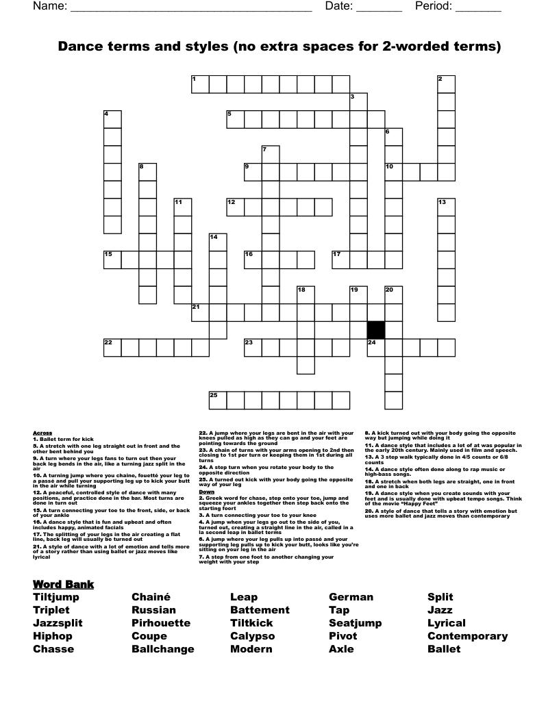 Dance terms and styles (no extra spaces for 2-worded terms) Crossword