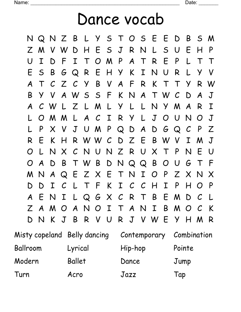 Dance vocab Word Search