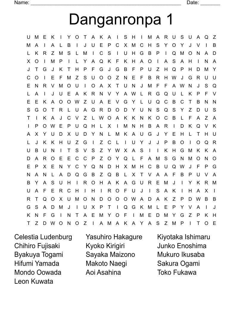 Danganronpa 1 Word Search