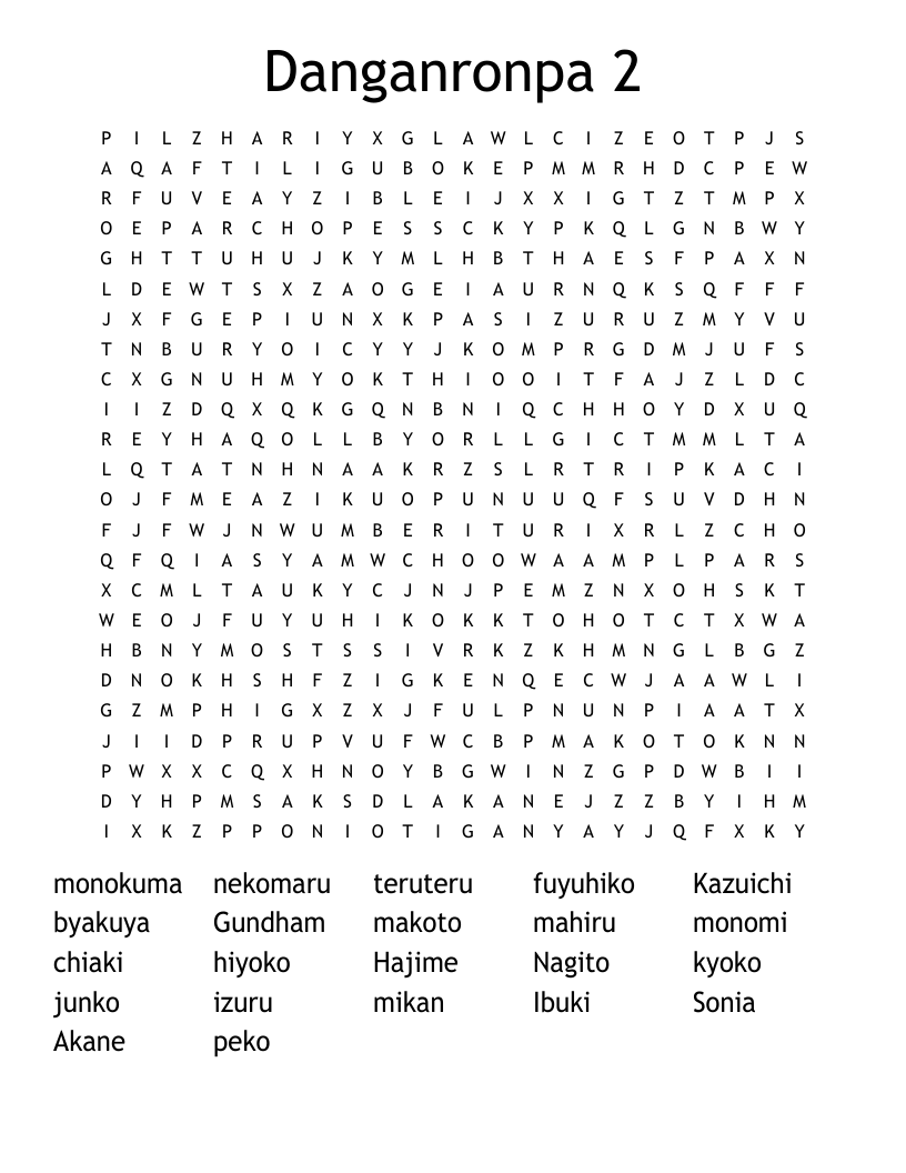 Danganronpa 2 Word Search