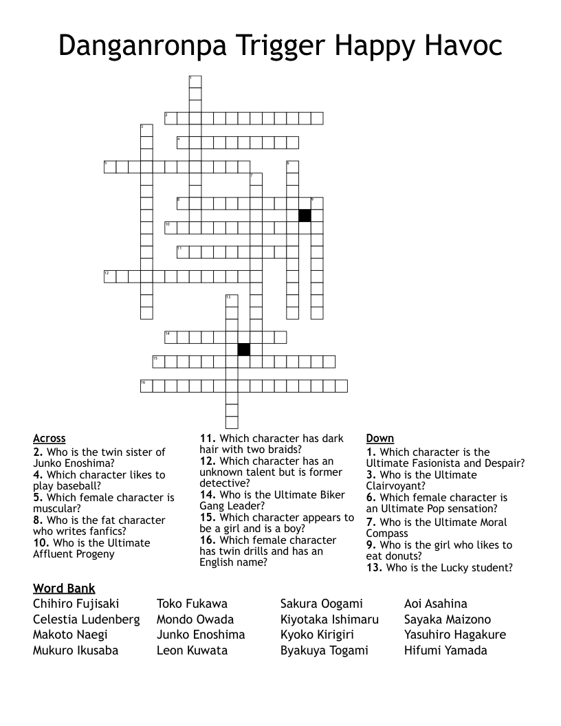 Danganronpa Trigger Happy Havoc Crossword