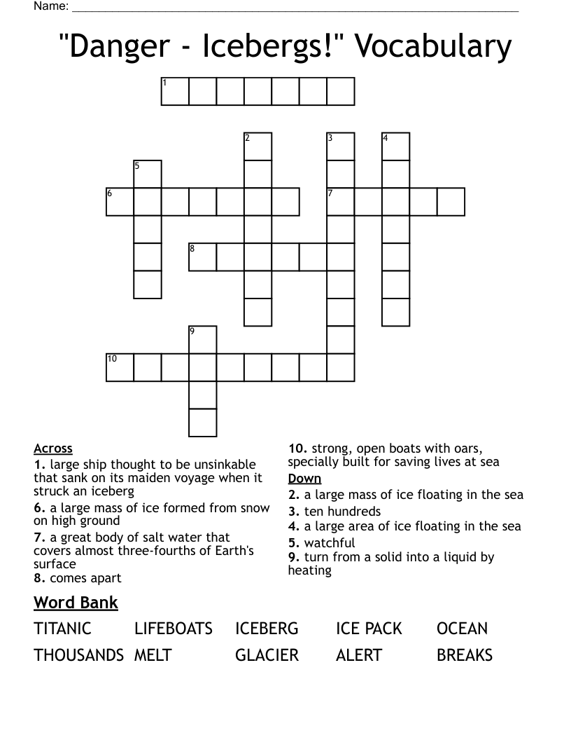 "Danger - Icebergs!" Vocabulary Crossword
