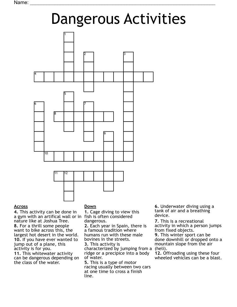 Dangerous Activities Crossword