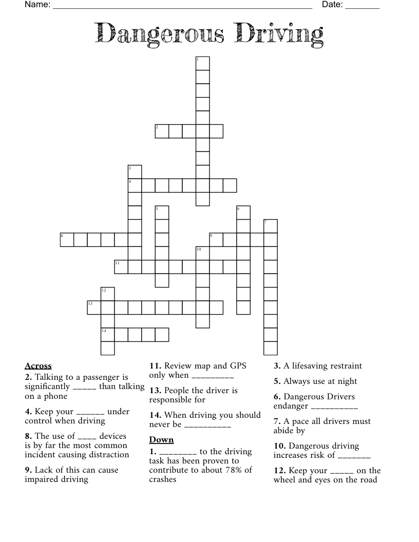 Dangerous Driving Crossword
