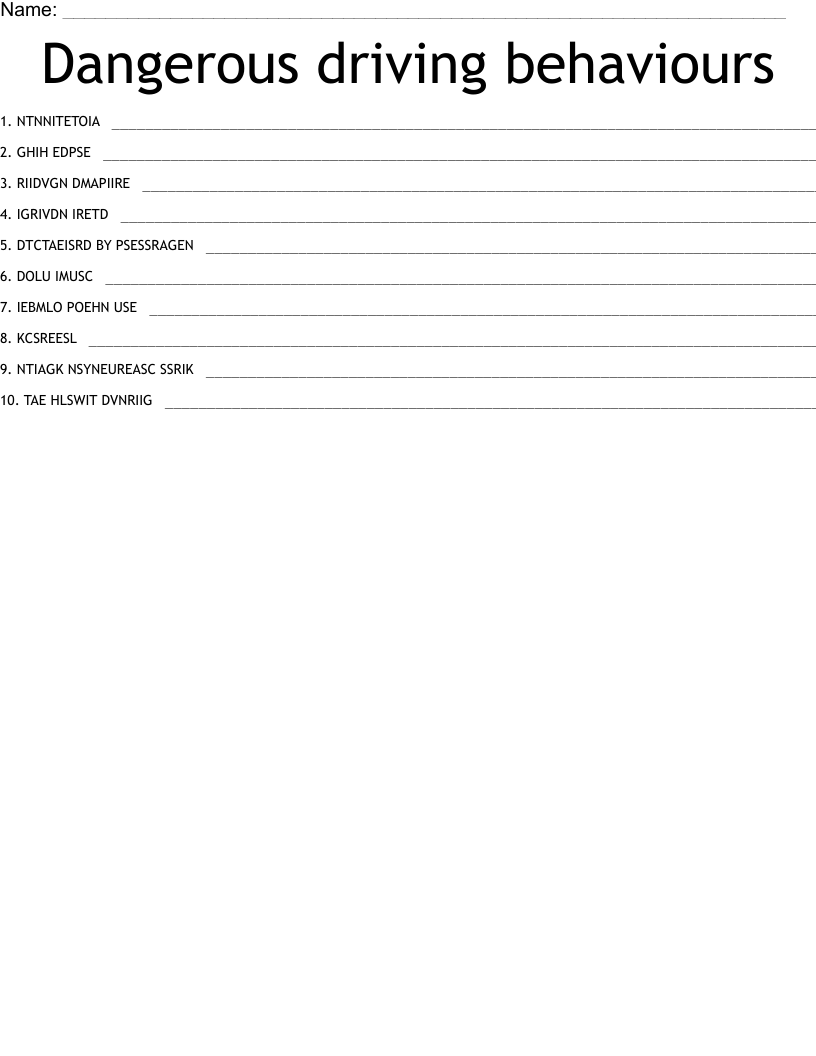 Dangerous driving behaviours Word Scramble