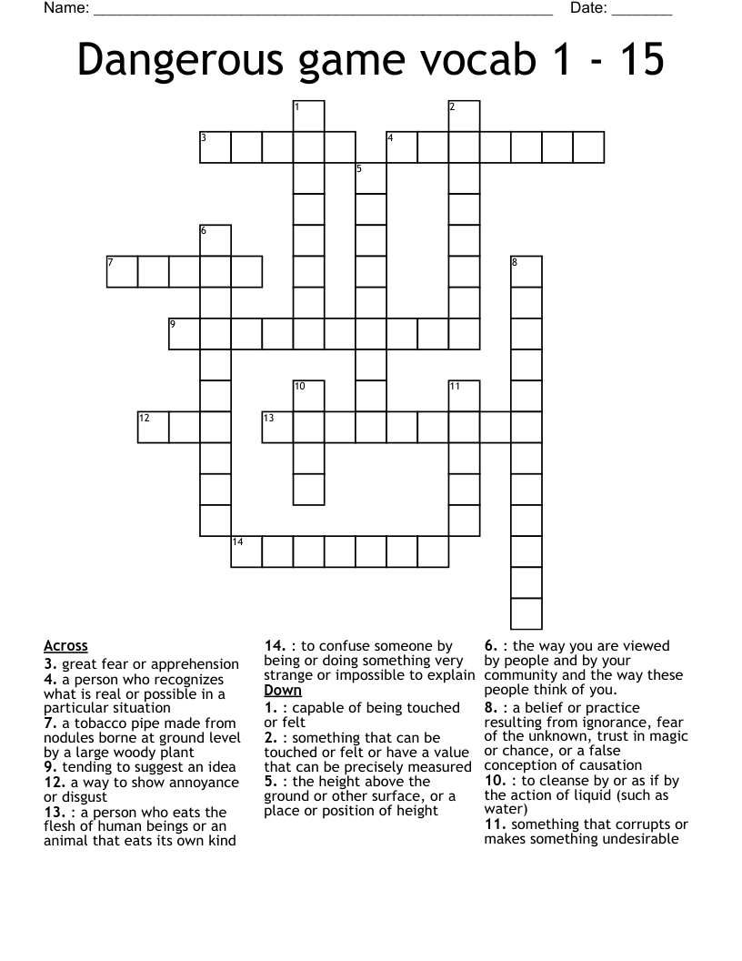Dangerous game vocab 1 - 15 Crossword