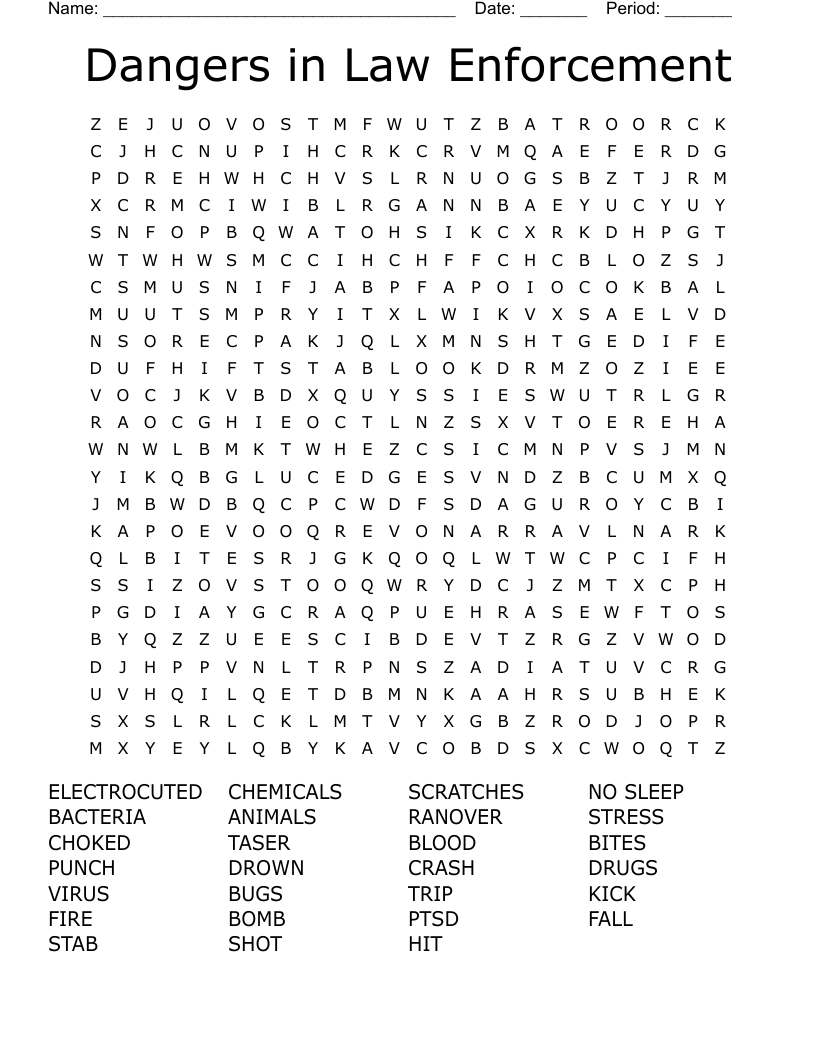 Dangers in Law Enforcement Word Search