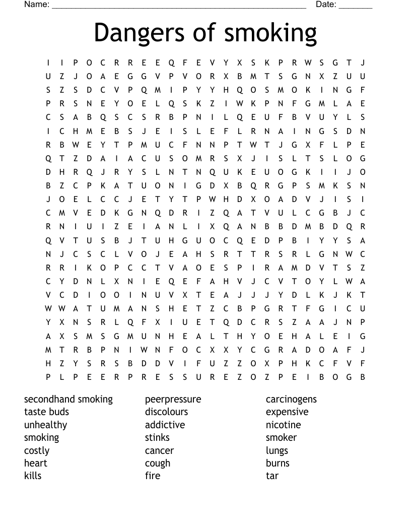 Dangers of smoking Word Search