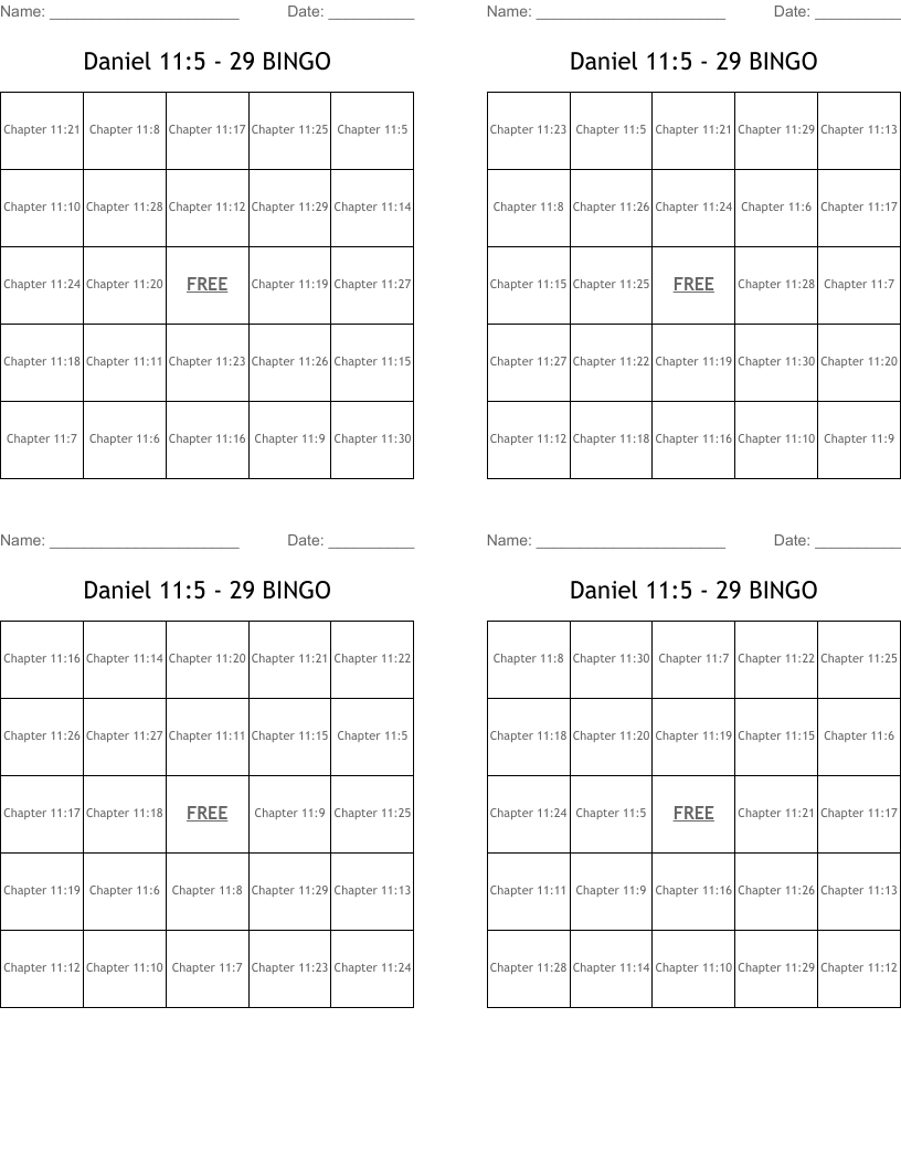 Daniel 11:5 - 29 BINGO