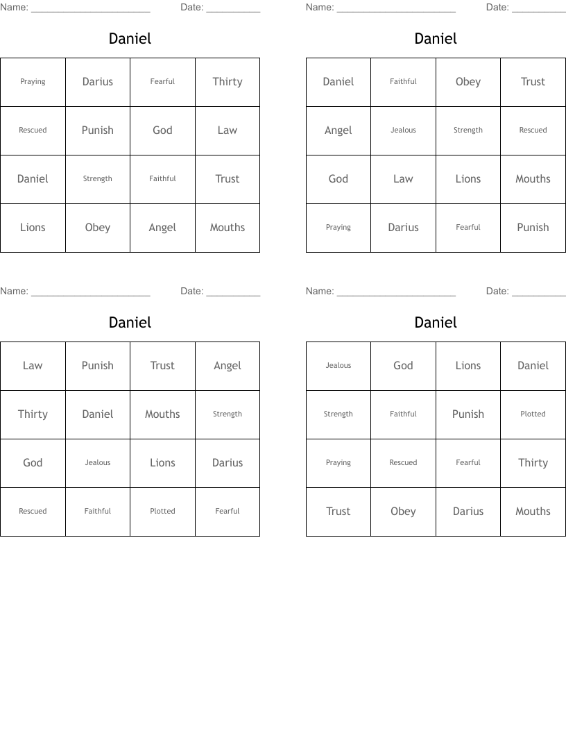 Daniel Bingo Cards