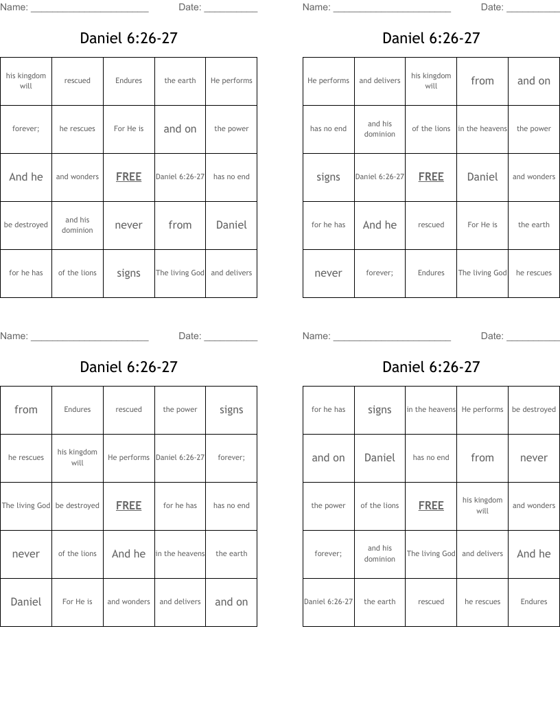 Daniel 6:26-27 Bingo Cards