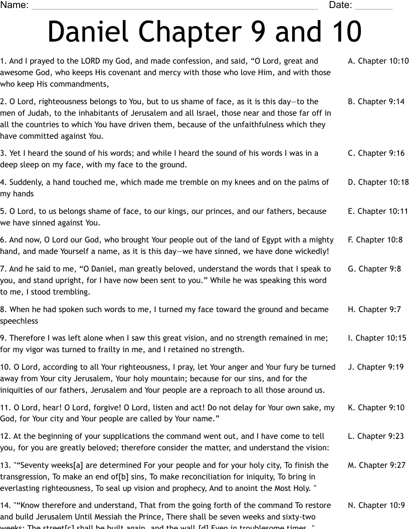 Daniel Chapter 9 and 10 Worksheet