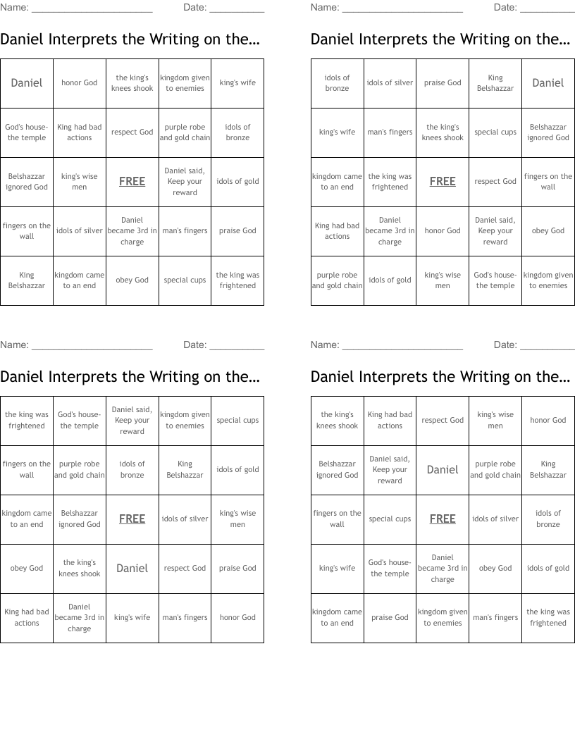 Daniel Interprets the Writing on the Wall Bingo Cards