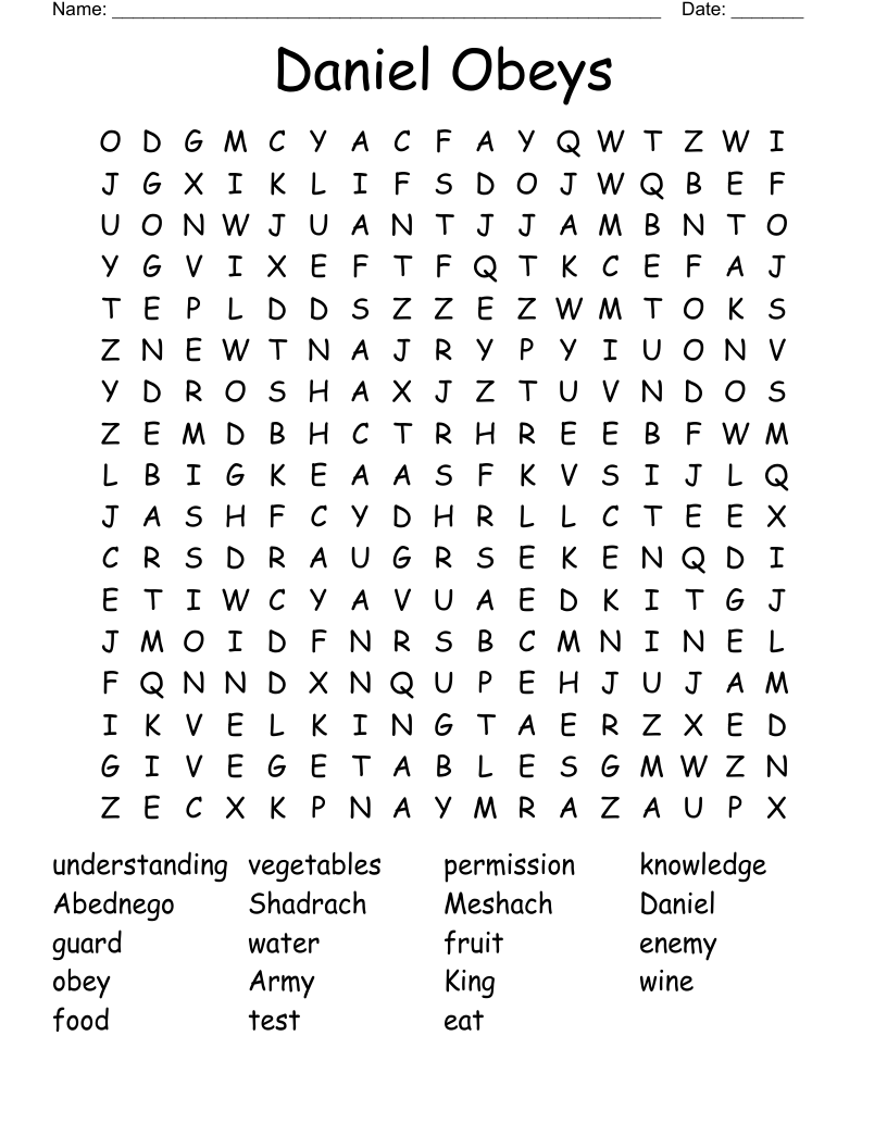 Daniel Obeys Word Search