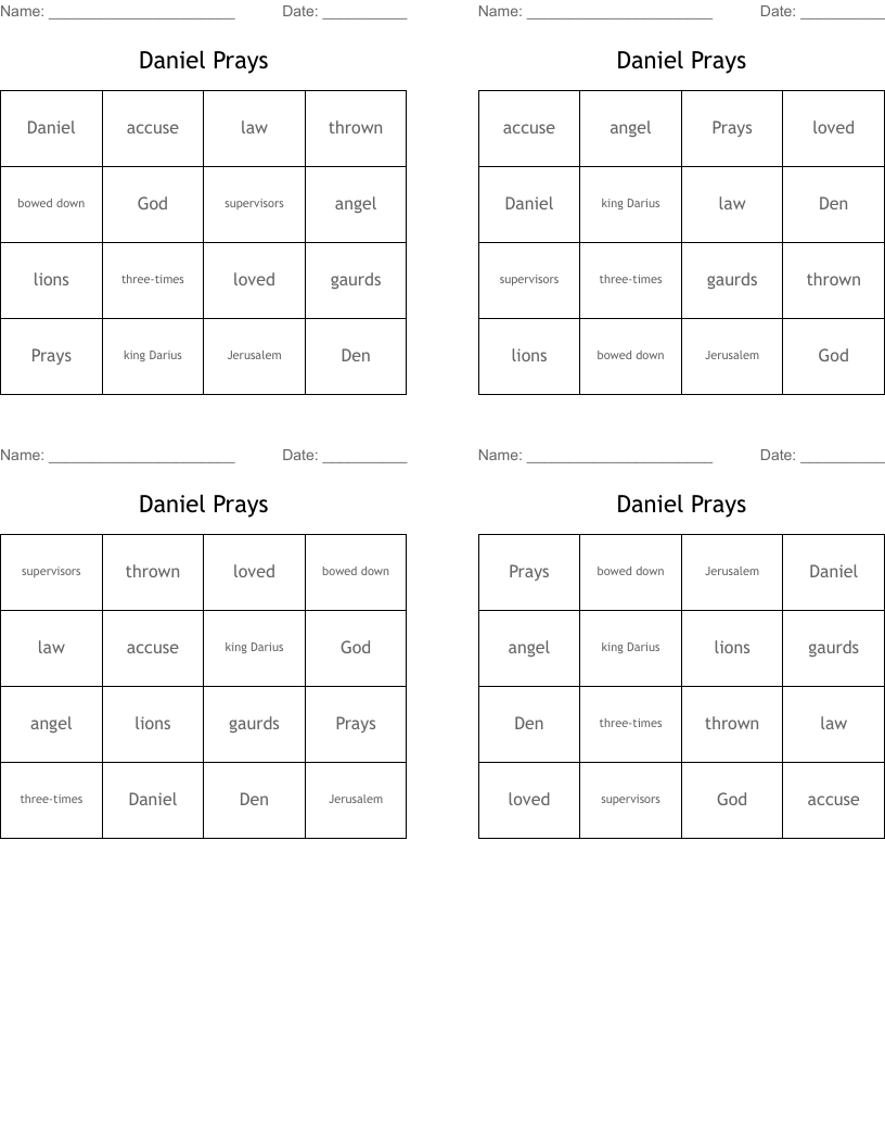 Daniel Prays Bingo Cards
