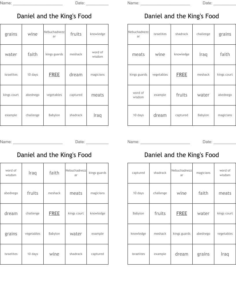 Daniel and the King's Food Bingo Cards