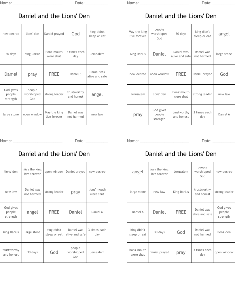 Daniel and the Lions' Den Bingo Cards