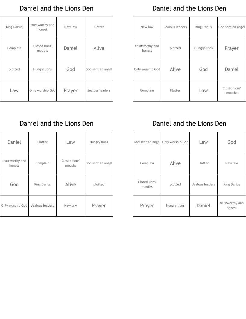 Daniel and the Lions Den Bingo Cards
