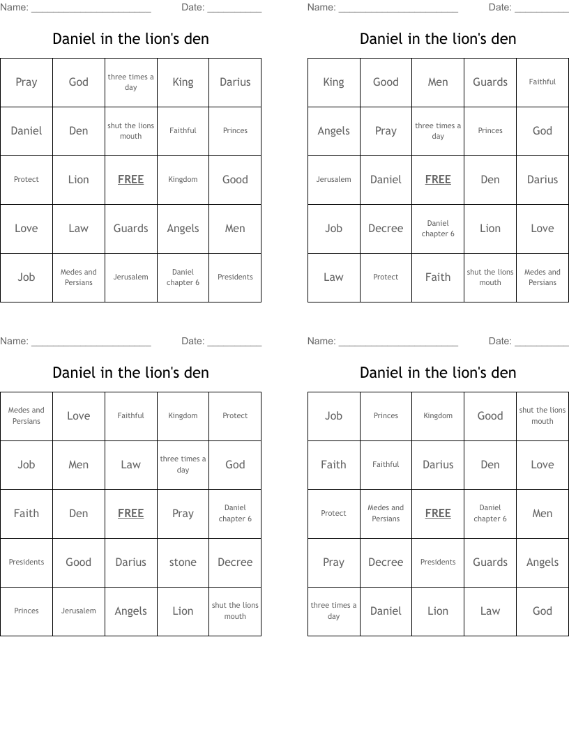 Daniel in the lion's den Bingo Cards