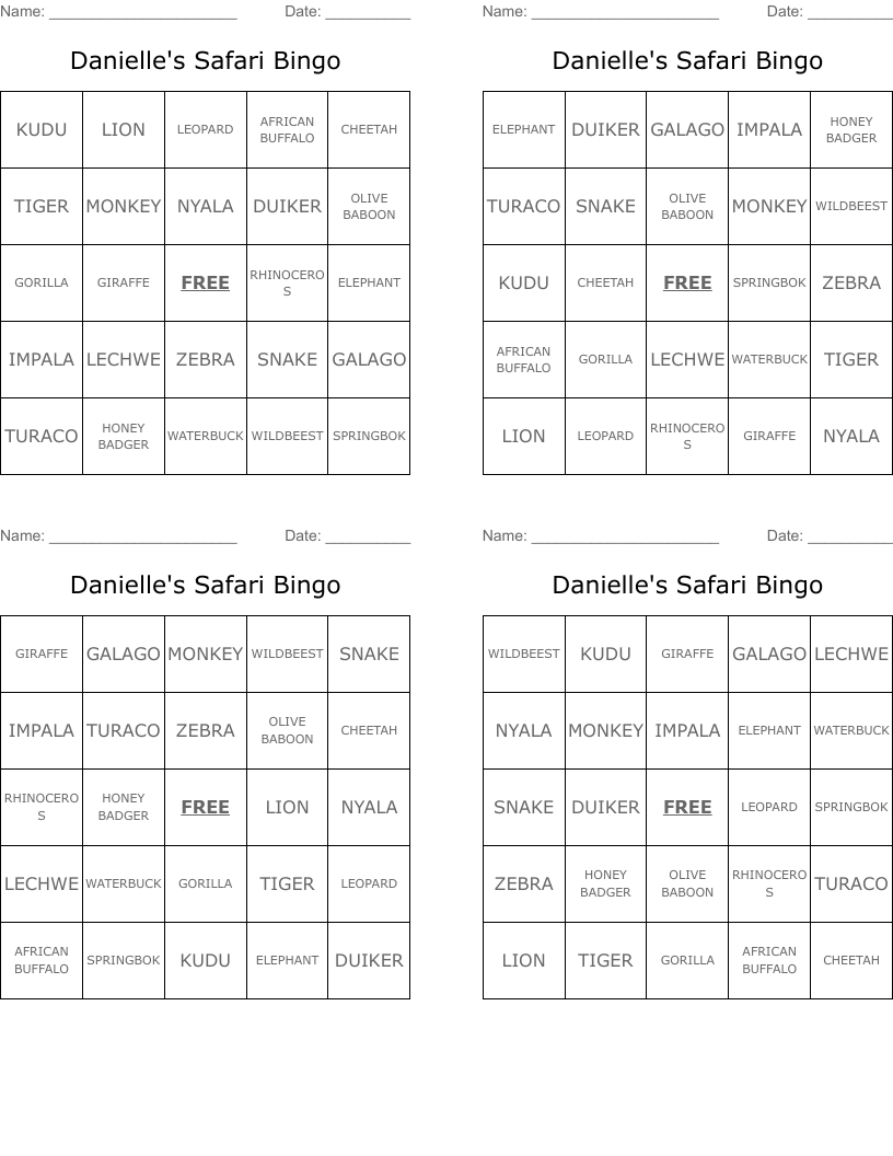 Danielle's Safari Bingo 