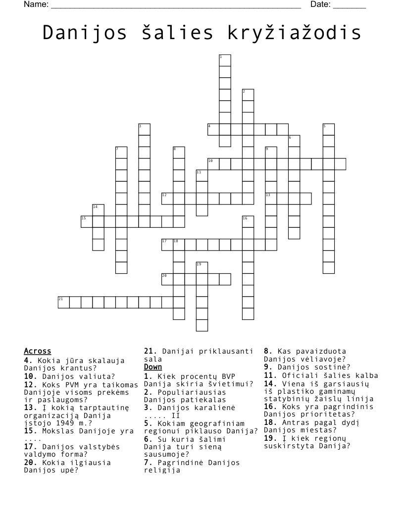 Danijos šalies kryžiažodis Crossword