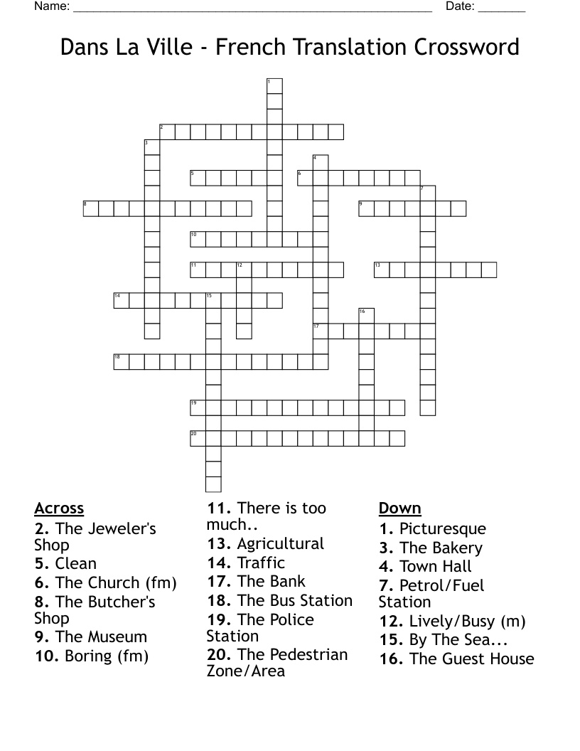 Dans La Ville - French Translation Crossword