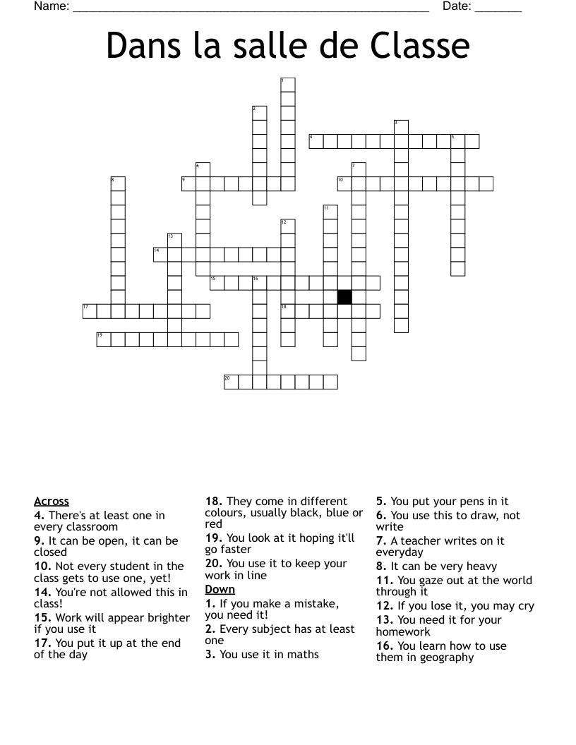 Dans la salle de Classe  Crossword